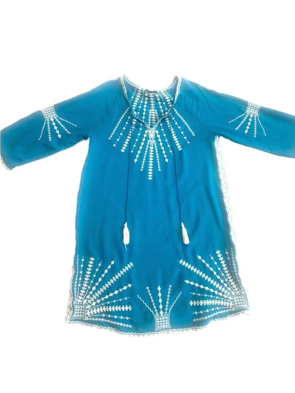 TOLANI ~ Teal Embroidered Peasant Tunic w/Cream Stitching Tie Neckline Tassels